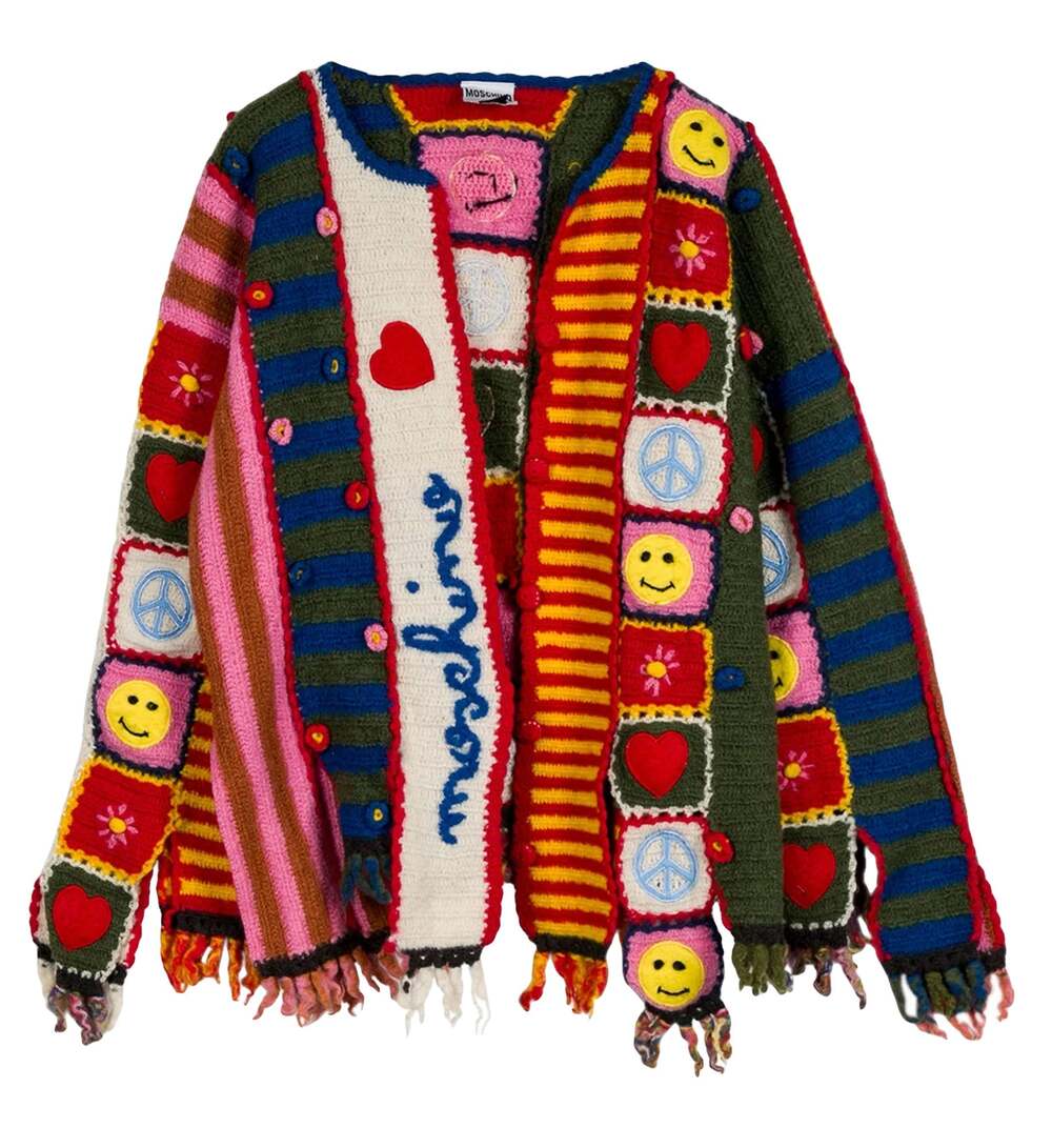 Moschino Vintage Patchwork Cardigan Hearts Peace Smiley XS Authentic